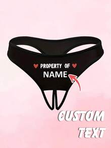 Women's Sexy Customized Name Text Love Heart Letter Print Open Crotch Thong Panties, Personalized Intimate Gift For Wife