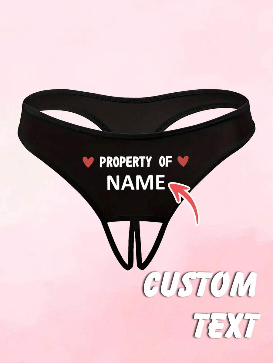 Women's Sexy Customized Name Text Love Heart Letter Print Open Crotch Thong Panties, Personalized Intimate Gift For Wife