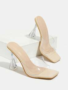 Women's Thick Heel High Heel Slippers Summer Breathable Slip-On Mule Sandals Sexy Transparent Casual Versatile Open Toe Elegant Comfortable Square Toe High Heel Sandals - Apricot - View 5