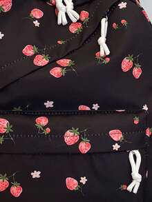 三件套时尚草莓印花书包套装，包含书包、午餐包和铅笔盒，带笔记本电脑隔层、可调节肩带、多口袋大容量多功能书包套装，适合女生/青少年/大学生/毕业生日常使用/度假/旅行/返校 - 黑色 - 查看 12