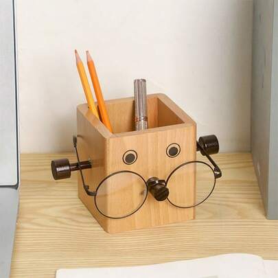 1 pieza Soporte multifuncional y creativo para bolígrafos, soporte para gafas, caja de papelería, organizador de escritorio, taza de madera para bolígrafos