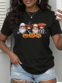 Women's Casual Crewneck T-Shirt With Geometric Highland Cow Print, All-Season Short-Sleeved Top, Activewear | Playful Designs | Fall Cow T-Shirt, All-Season Comfortable Highland Cow T-Shirt, Cute Fall Animal T-Shirt, Fall T-Shirt, Fall Calf T-Shirt - màu đen - Xem 1