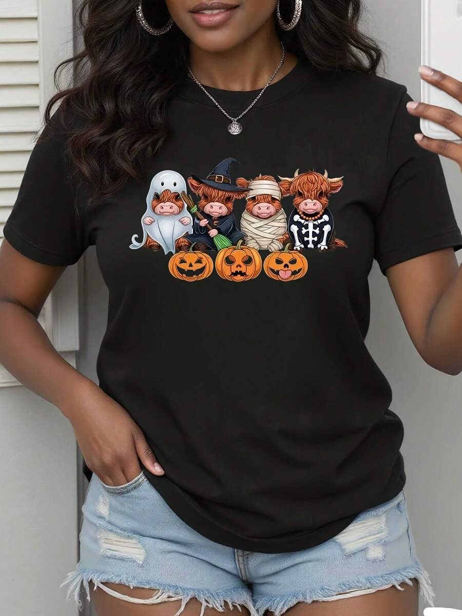 Women's Casual Crewneck T-Shirt With Geometric Highland Cow Print, All-Season Short-Sleeved Top, Activewear | Playful Designs | Fall Cow T-Shirt, All-Season Comfortable Highland Cow T-Shirt, Cute Fall Animal T-Shirt, Fall T-Shirt, Fall Calf T-Shirt - màu đen - Xem 1