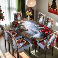 1/4/5/6/7/36pcs Winter Pine Tree & Holly Berry Print Chair Cover/Seat Cushion Set, Suitable For Indoor Home, Restaurant, Hotel, Ideal Choice For Modern Daily Decor. Tablecloth Fits Square Dining Table, Elastic Chair Covers Are Washable.