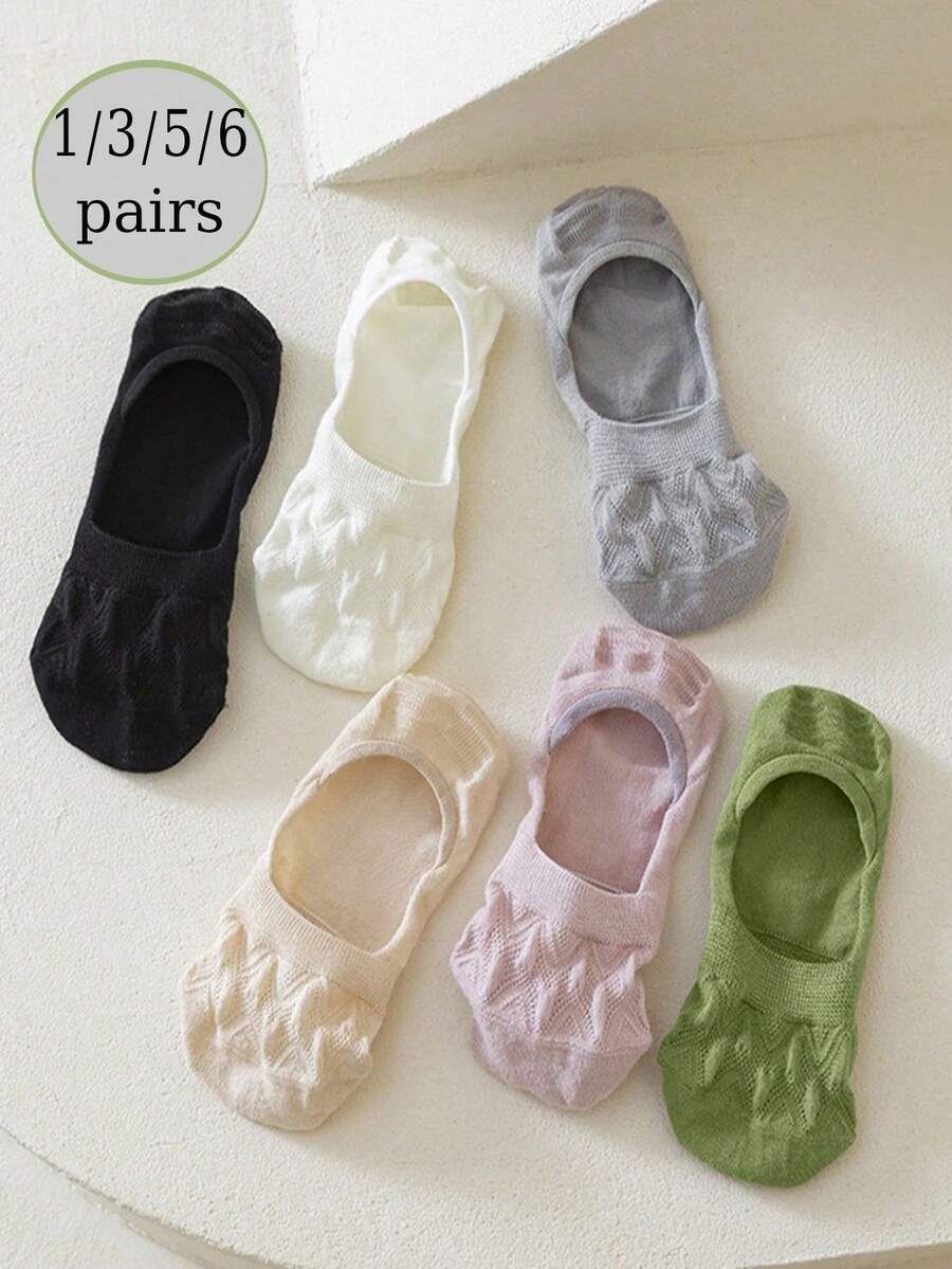 1/3/5/6双女款糖果色黑白纯色波西米亚风网眼防滑不掉跟透气针织面料日系学院风船袜隐形袜春夏百搭居家聚会通勤运动节日礼物。（无纸卡） - 彩色 - 查看 1