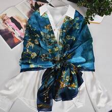 100% Mulberry Silk Scarf For Women Lightweight Long Scarves Beach Wraps Cover Up -Travel Photography Scarfhalloween - 藏蓝色 - 查看 9