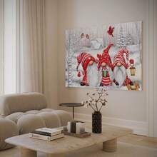 1pc, Framed Wall Art, Christmas Gnomes In Snowy Landscape, Three Festive Gnomes Wearing Red Hats And Scarves, Holding A Lantern And Surrounded By Snow-Covered Trees And Birds, Canvas Wall Art For Living Room, Bedroom, Bathroom, Study Room, Dining Room, Office, Wooden Wall Art Decor, Ideal Gift - 彩色 - 查看 4