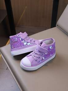 儿童闪光中帮时尚帆布鞋，平底，透气，防滑，女童运动鞋，亮色儿童运动鞋，适合返校 - 紫色 - 查看 2