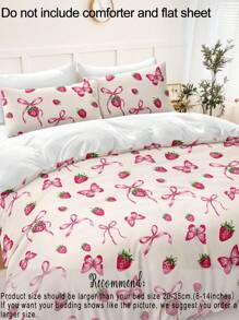 3 件套可爱手绘草莓与蝴蝶结数码印花羽绒被套（1 个羽绒被套 + 2 个枕套，无填充物），柔软涤纶纤维，适用于卧室、宿舍、返校季 - 彩色 - 查看 8