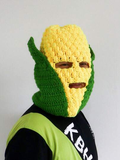 1 Piece Crochet Corn Beanie With Green Leaves & Yellow Corn Pattern - Funny Novelty Masked Hat For Men/Women, Halloween Costume, Winter Headwear, Unique Face Cover