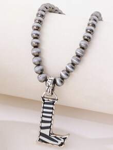 1pc Western Country Style Vintage Textured CCB Multicolor Leopard Print Black & White Plaid 26 Letter Minimalist Pendant Necklace, Sweater Chain