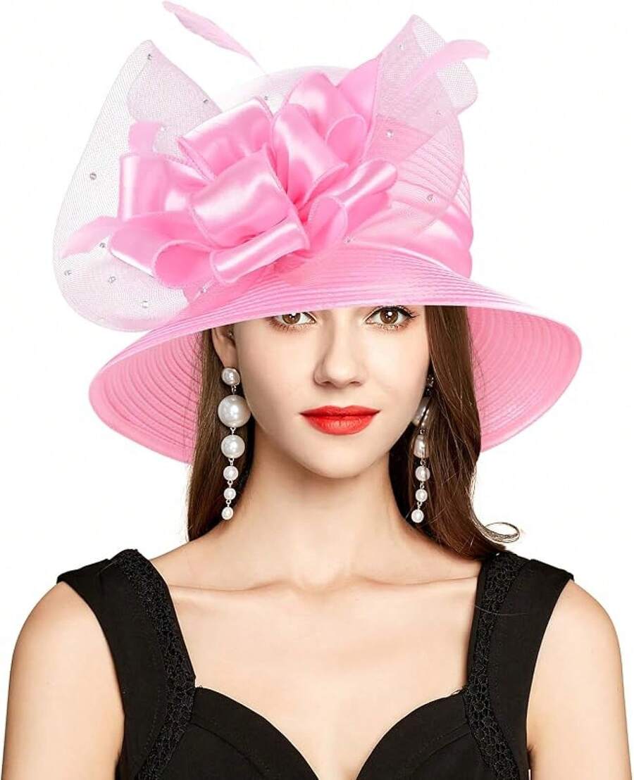 2025 Bucket Hats Women Ladies Girls, Organza Derby Fascinator Hat Tea Party Bridal Church, Hats - 4455 màu hồng - Xem 1