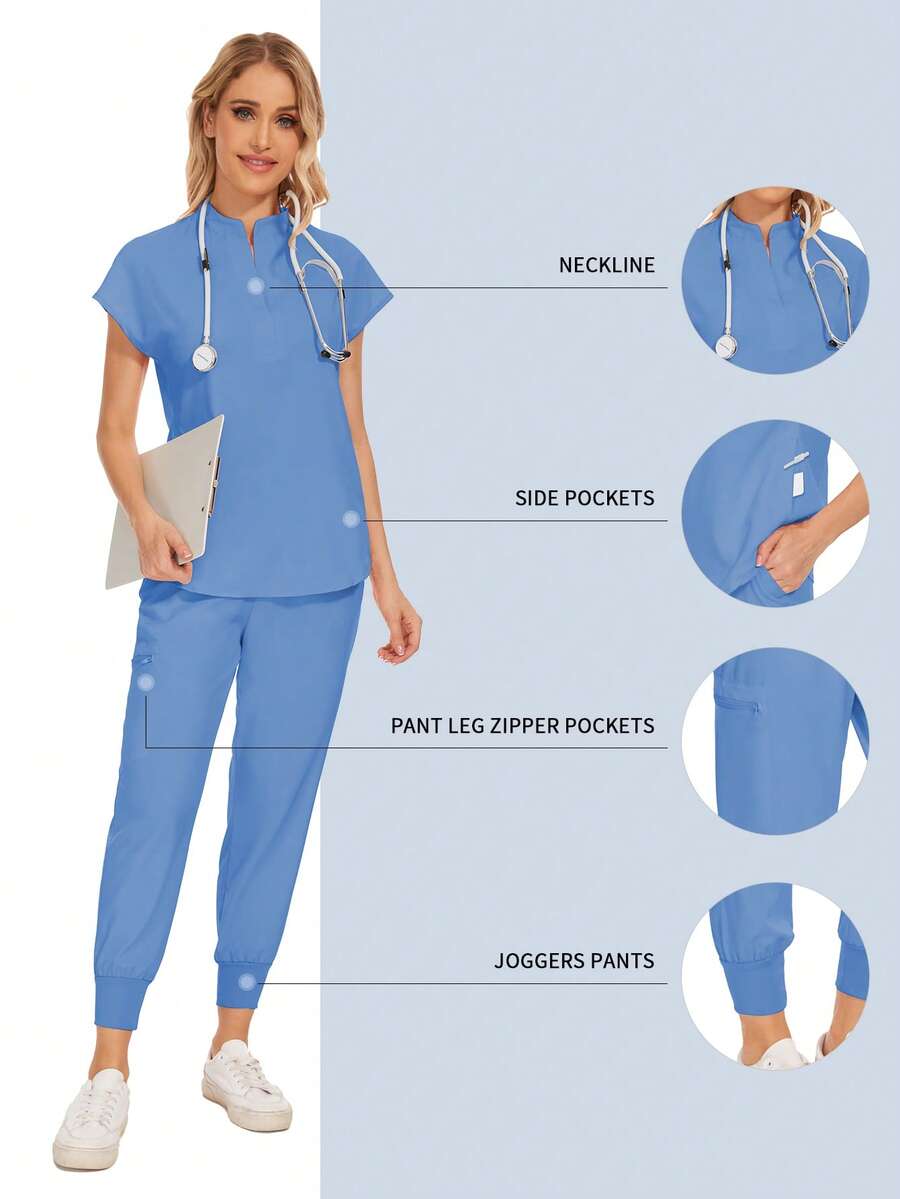 Wholesale Fashion Scrub Suits Dental Hospital Uniform Set Solid Color Surgical Gown Pocket V-Neck Scrubs Sets For Women Joggers Pants Suit