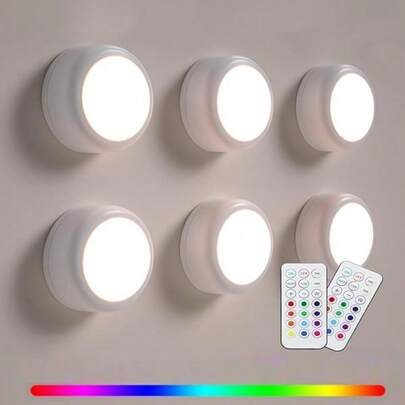 1/3/6 stuks handige zelfklevende ronde pucklampjes met afstandsbediening, draadloze LED-druklampjes op batterijen, 12 RGB-kleuren - geschikt voor kledingkast, slaapkamermuur, onder keukenkastjes, ronde pucklampjes op batterijen