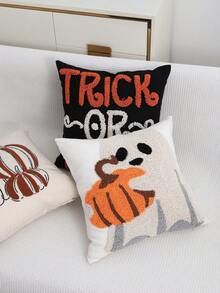 1 pezzo/2 pezzi Federa per cuscino ricamata in peluche con motivi di fantasmi, zucche e scritta "DOLCETTO O SCHERZETTO", lavorazione interamente ricamata, decorazione di Ognissanti per soggiorno, camera da letto, divano, letto, patio esterno, giardino, auto, adatta per tutte le stagioni, 45*45cm (senza imbottitura) - Multicolore - Visualizzare 5
