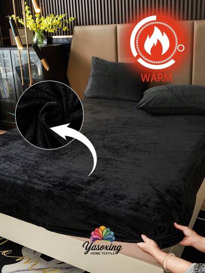 1pc Black Velvet Fitted Sheet Warm Soft Solid Fuzzy Fitted Sheet King Queen Full Twin Size, Luxury Super Soft Cozy Comfy Bottom Sheet With 11.8" Deep Pocket,Suitable For Fall Winter And Spring, No Pillowcases Domitory Bedding Back School Bedding