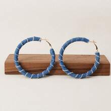 2PC Black And White Striped C Hoop Earrings Exaggerated Leopard Print Women's Color-Block Vintage Stud Earrings Light Luxury - 10-1003 Xanh denim-Vàng - Xem 5