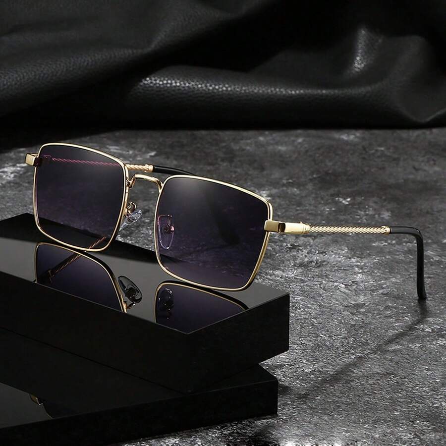 1pc Women's Fashion Square Fashion Glasses, Retro High-End European And American Style - Gold Frame Gray Film - View 1