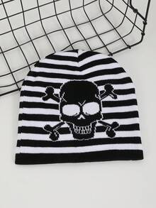 1pc Women's Jacquard Striped Skull Pattern Knit Beanie Hat, Warm & Casual For Halloween Party