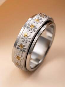 1pc Stainless Steel Daisy Flower Spin Ring, Stress Relief Design, Suitable For Men And Women, Daily Wear, Valentine's Day Gift - Silver - View 2