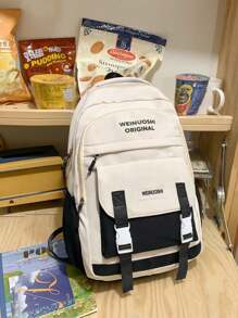 SLIN&LXZQ Letter Graphic Classic Backpack With Cartoon Charm Preppy Badge Decor For School - Black - View 3