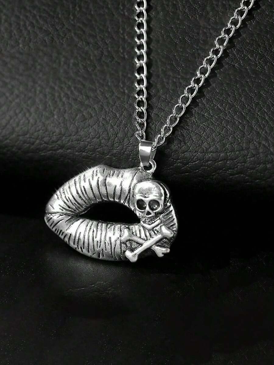 1pc Unique Skull Bone Lip Necklace With Retro Style Metal Silver Women's Pendant Necklace Suitable For Parties, Gatherings, Halloween Dances - 銀色 - 查看 1