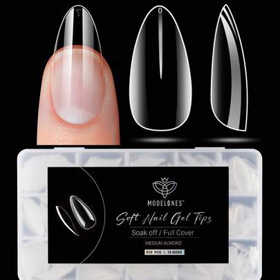  Modelones Medium Almond Nail Tips 510Pcs Clear False Acrylic Almond Press On Nails Pre-Shape Full Cover Fake Extension DIY At Home 15 Sizes