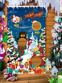 1 pièce Toile de fond de Noël avec bonhomme de neige, sapin de Noël, Père Noël, renne et boîte-cadeau de Noël - Décoration de fête festive, cannes de bonbon, flocons de neige et maisons - Polyester pour fêtes intérieures/extérieures, photomatons, décoration de la maison, décoration de Noël (livré avec 4 sacs de sable de n'importe quelle couleur)