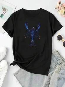 Creative Lobster Pattern Print Women's Fashion  Short Sleeve, Simple Casual Sports T-Shirt, Comfortable Summer Top For Holidays - 黑色 - 查看 3