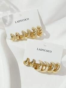 LADYCOCO 6对优雅水滴形罗纹C形耳环，适合女性日常佩戴、约会、派对等场合，金色首饰套装 - 金色6對套裝 - 查看 5