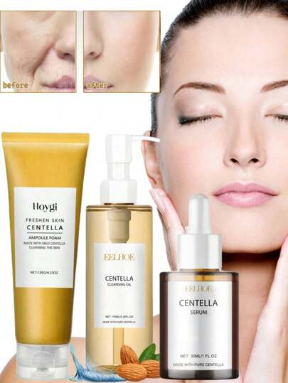 3 Sets Of Asian Centella Skin Care Set, 100ml Facial Cleansing Oil, 120g Facial Cleanser, 30ml Essence, For Cleansing Pores And Reducing Fine Lines, A Perfect Holiday Gift Set