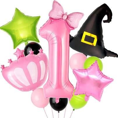 万圣节派对气球套装，32 英寸粉色数字铝箔气球，粉色皇冠黑色巫师帽铝箔气球，魔法和女巫主题气球，适用于生日派对万圣节派对装饰