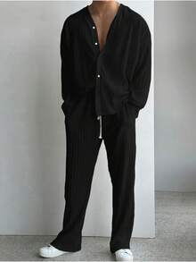 男士休闲度假褶皱长袖衬衫和裤子套装，轻便宽松，适合所有季节，秋季服装 - 黑色 - 查看 1