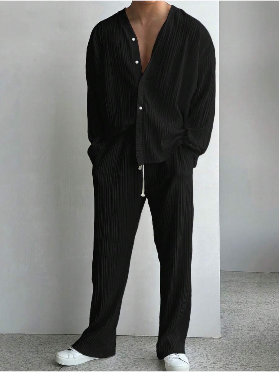 男士休闲度假褶皱长袖衬衫和裤子套装，轻便宽松，适合所有季节，秋季服装 - 黑色 - 查看 1
