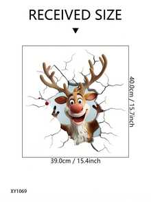 1PC 3D Christmas Wall Sticker, Cartoon Moose Breaking Through The Wall, Animal Print, Self-Adhesive, Glass Surface, Asymmetrical Shape, Matte Finish, Office Supplies, Home Decoration, For Christmas Party Decoration