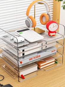 [ 收纳架 ] 2/4 件可堆叠透明亚克力文件托盘支架 - 多功能办公桌面收纳架和大容量展示架 - 便携式收纳柜 - 信件和文件架