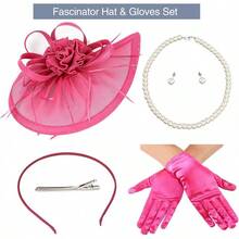 Ibeauti Fascinator Hats With Screentouch Lace Gloves Set Women Tea Party Cocktail Wedding Derby Headwear Short Gloves - 05 亮粉色 - 查看 2