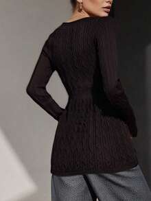 Women Cable Knit Sweater Solid V Neck Long Sleeve A-Line Pullover Tops Casual Winter Fall Clothes - Màu nâu Sô-cô-la - Xem 3