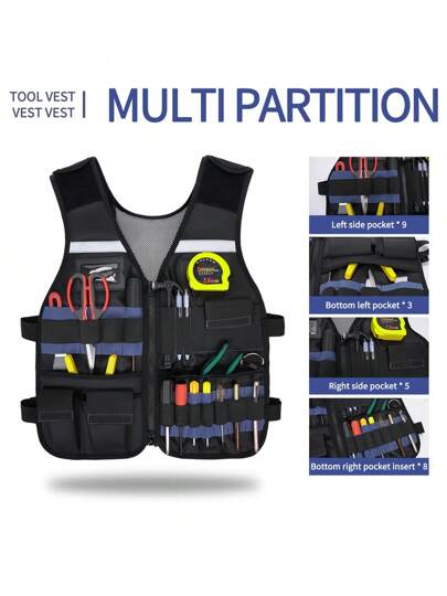 Chaleco de herramientas para electricistas, chaleco de herramientas de alta visibilidad para carpinteros y construcción, ropa de trabajo ajustable para hombres, ropa de trabajo todo terreno, chaleco de herramientas reflectante de con múltiples bolsillos y cremallera, chaleco de herramientas resistente para electricistas