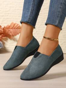 Zapatos de cuña con slip-on para mujer, de punta redonda y tacón alto bajo, para vacaciones/oficina/exterior/playa, bailarinas de satén gris