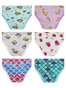 6pcs/Pack Girls' Cotton Mermaid, Heart, Rainbow Printed Underwear Briefs - Multicolor - View 3