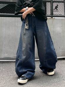 1 pieza Jeans rectos con diseño de parches y lavado vintage desgastado de ajuste holgado para hombre (Cinturón y accesorios no incluidos) - Neblina azul - Ver 6