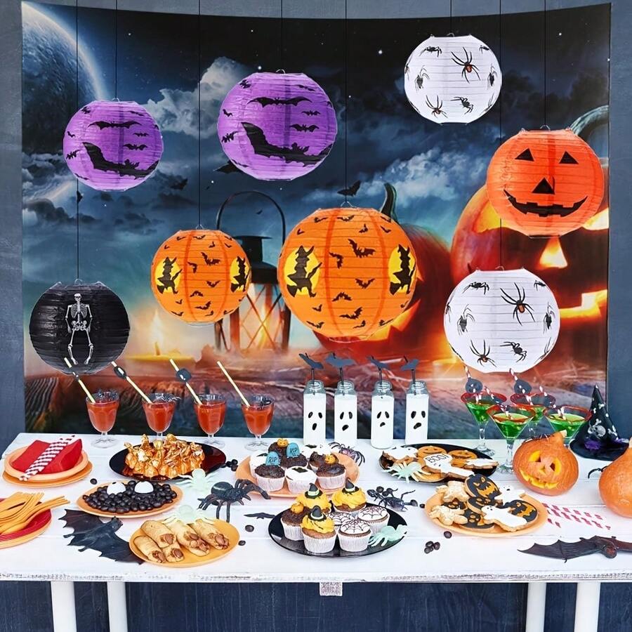 10pcs Halloween Pumpkin Paper Lanterns - Paper Lanterns With Spiders, Bats, Skulls & Pumpkins, Suitable For Halloween Party, Wedding, Garden, Bedroom, Bar, Indoor & Outdoor Decorations, No Electricity