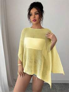 Women Sheer Mesh Poncho Top Crochet Knit Lightweight See Through Shawl Wrap Summer Oversized Loose Shrug Beachwear Swimsuit Bikini Cover Ups - 黃色 - 查看 4