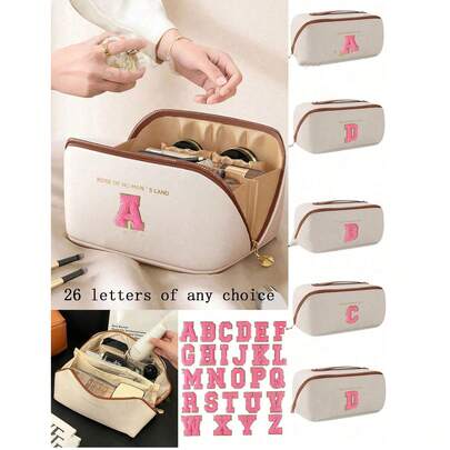 1个PU皮革防水化妆包，字母装饰收纳袋，大容量双层化妆包，多功能女士旅行手提包，洗漱包，化妆品收纳包，浴室收纳包，旅行必备，邮轮必备，旅行配件，浴室收纳包，珠宝收纳包，口红收纳包，指甲油收纳包，复活节礼物，伴娘礼物，化妆包