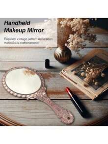 1个复古手持化妆镜 - 花卉蚀刻电镀化妆镜，复古欧式图案手持旅行镜，可放置于钱包或梳妆台上
