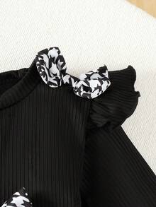 女婴法式优雅套装（2件套）：黑白千鸟格连衣裙+黑色荷叶边袖上衣+发带，0-5岁针织条纹连衣裙，日常穿着及拍照服装，2025春秋新款 - 黑色 - 查看 5