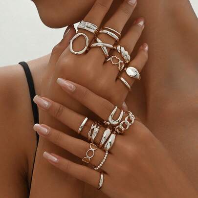 16pcs/Set Punk Style Geometric Rings Set, Vintage Fashion Jewelry Gifts, Suitable For Daily Outfit And Party Accessories