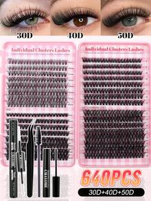 CMAYOME 640 睫毛 D-Curl 睫毛延长套装，大容量组合睫毛套装，DIY 睫毛延长套装，30D+40D+50D 睫毛簇，D-Curl 个人睫毛套装，含睫毛粘合剂和密封剂，以及 9-16mm 混合睫毛延长套装睫毛簇套装，睫毛，睫毛，假睫毛 - 彩色 - 查看 4