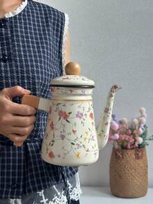 1set 1.2L Vintage Floral Enamel Teapot, Coffee Pot, Handmade Tea Pot, Household Boiling Water Enamel Pot, Tabletop Decor Enamel Pot, Enamel Pot As Gift For Friends And Elders, Kitchen Direct Heating Enamel Pot - Multicolor - View 6